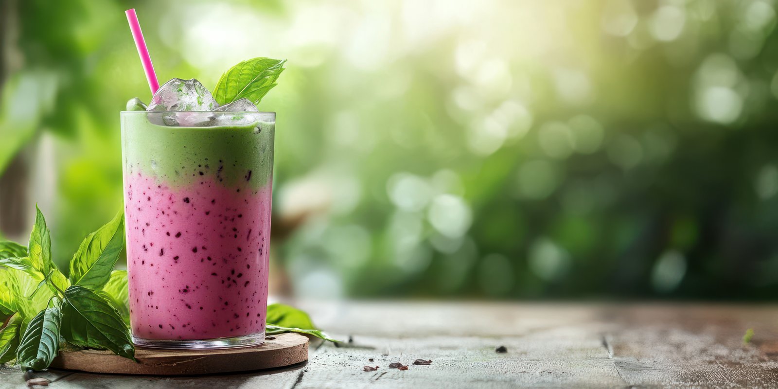 Refreshing mint smoothie served in a clear glass against a blurred natural background in a cozy setting